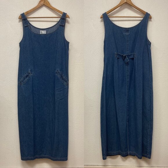 VTG Wrangler Classic Blues Denim Jumper Dress With Pockets & Tie Back Size 12 - Picture 1 of 9